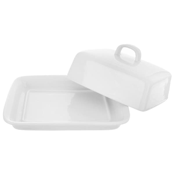 Hvit keramisk smørbolle med lokk og håndtak til servering