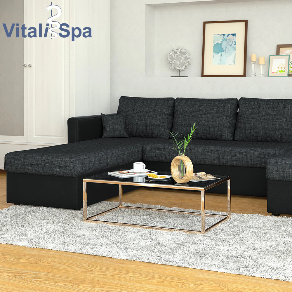 VICCO XXL Ecksofa mit Schlaffunktion Schwarz - Couch Ecksofa Schlafsofa Taschenfederkern Polstereck