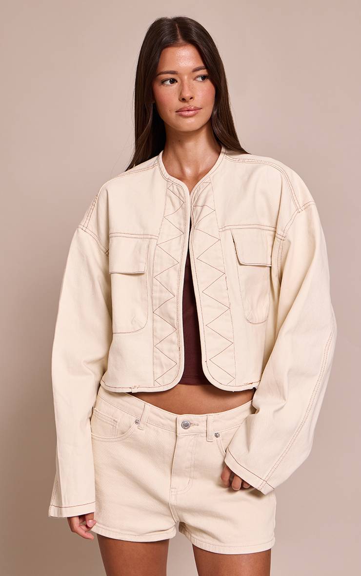 Ecru Veste En Jean Courte Bleu Clair À Ourlet Arrondi
