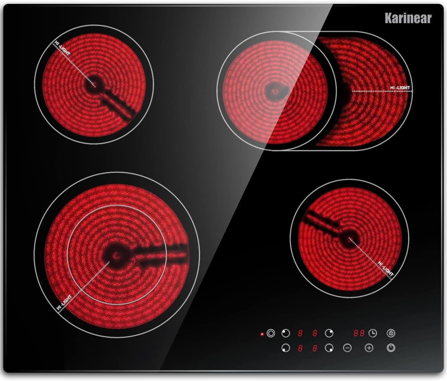Karinear Glaskeramikkochfeld 4 Platten, Kochfeld Keramik Autark mit Doppelter Ausziehbarer Zone, Touch-Bedienelemente, Timer, Sicherheitsverriegelung, 6600 W, Herdplatte 60 cm Einbau, 240V