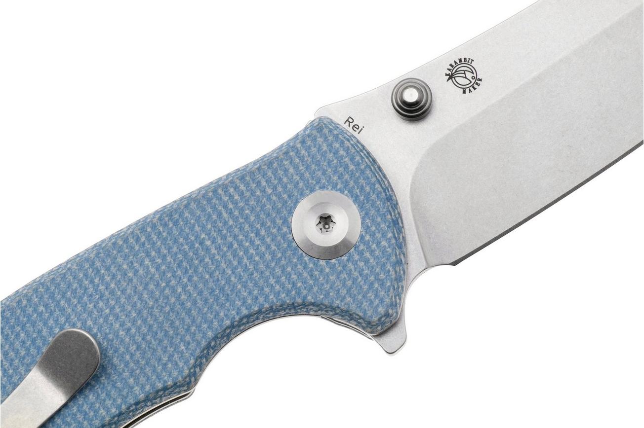 Tenable Knives Rei T1061A1 Stonewashed 14C28N, Blue Micarta, zakmes, Karambit Maker design