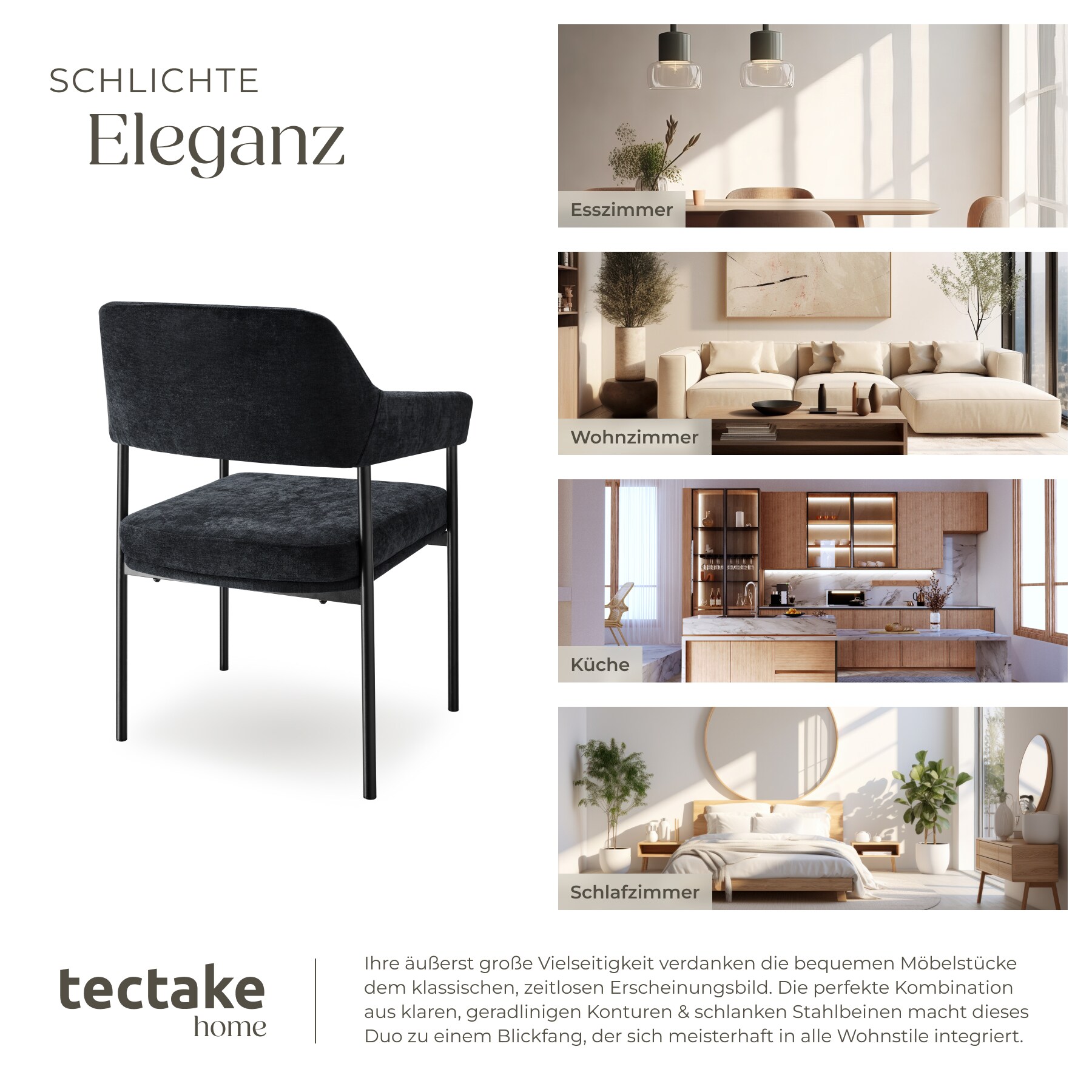 tectake® Armlehnstuhl, gepolstert, schlanke, pulverbeschichtete Stahlbeine, 58 x 62 x 85 cm