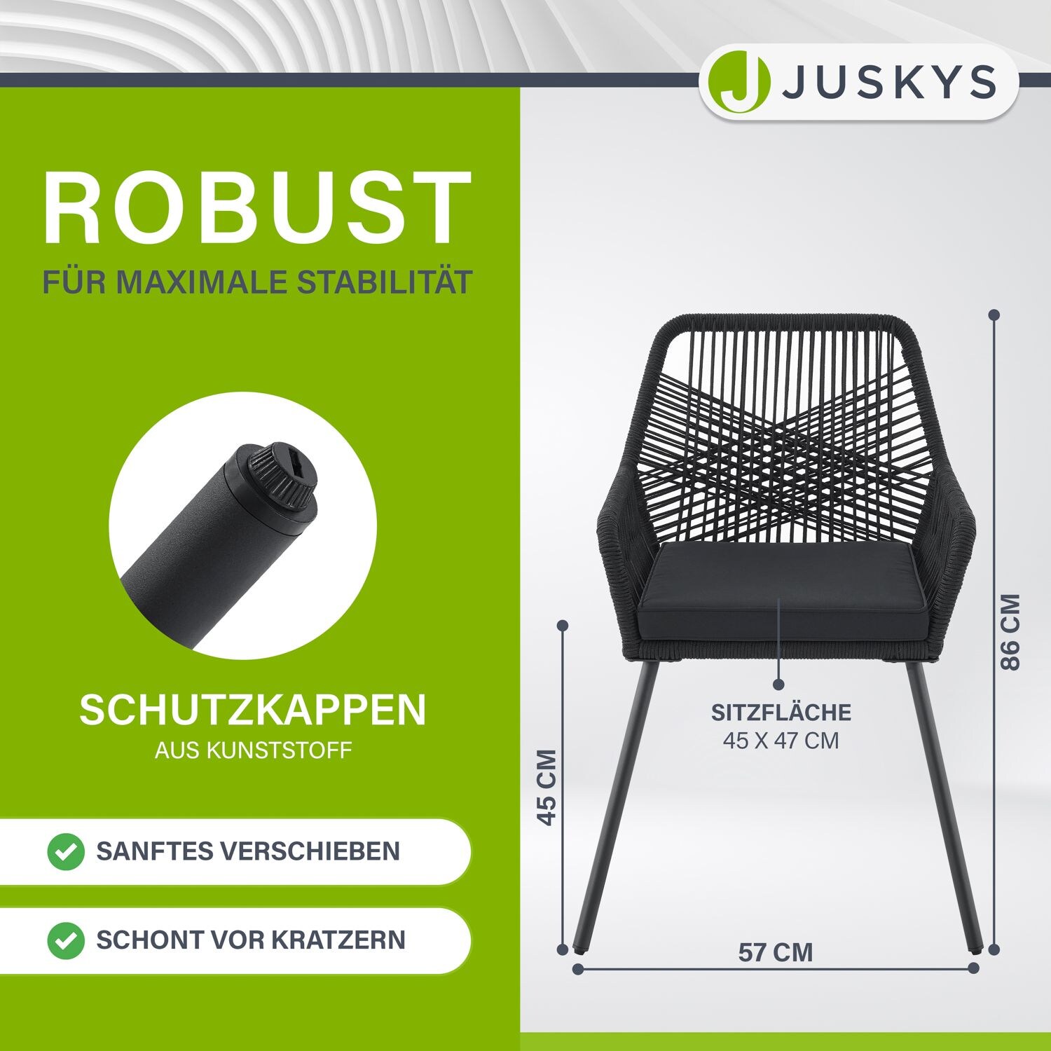 Juskys Rope Gartenstühle Kastos 2er Set - Outdoor Stuhl 150 kg belastbar - Gartenstuhl Schwarz