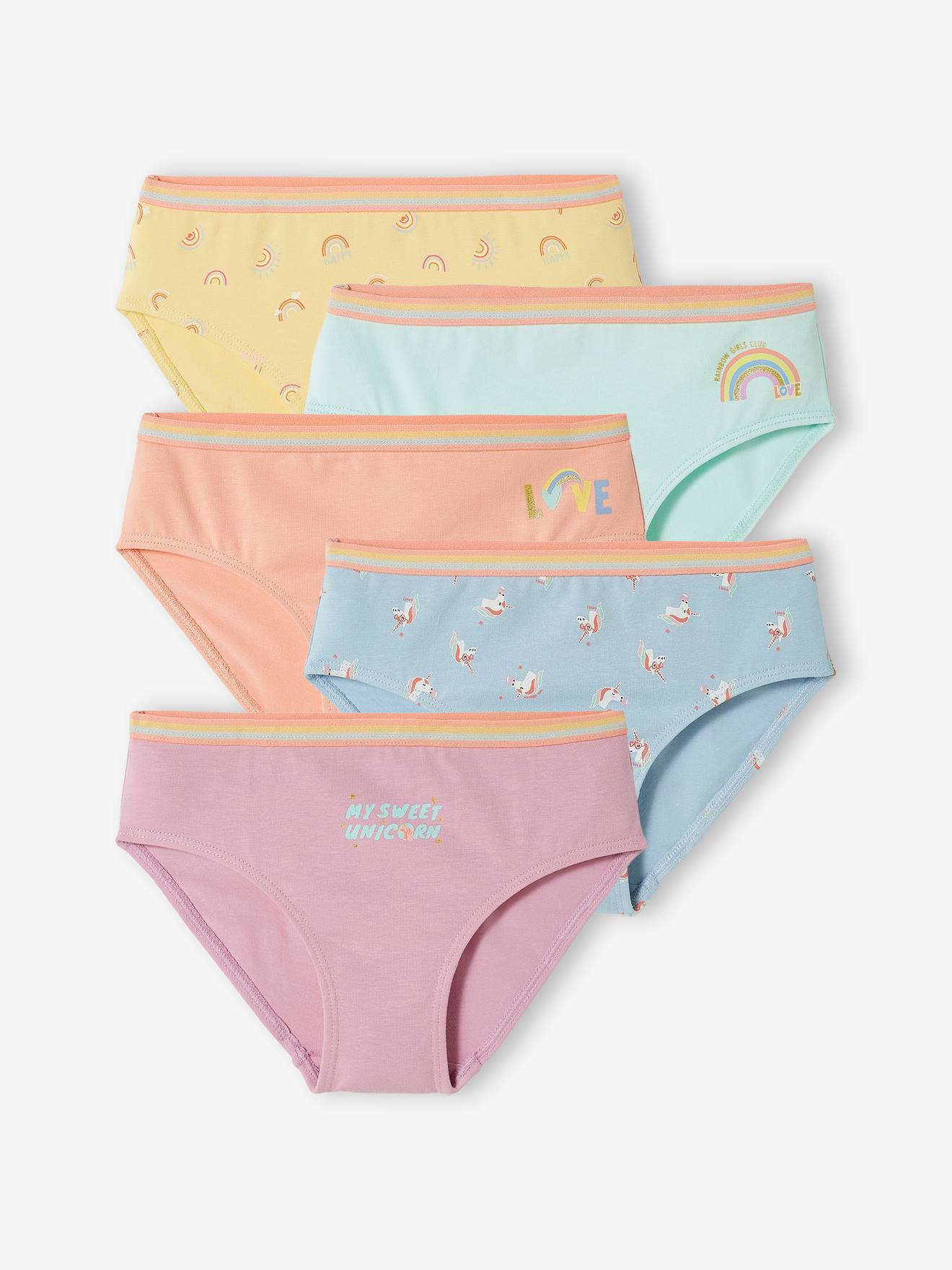 Pacote com 5 calcinhas unicórnio, tamanho médio infantil, lisinhas, violeta com estampas.