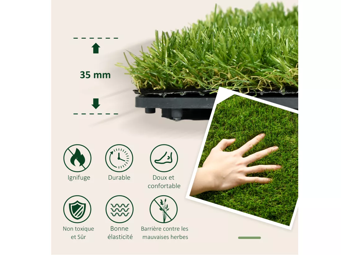 Gazon synthétique artificiel set de 10 dalles carreaux 30 x 30 cm épaisseur confort 3,5 cm à emboîter vert