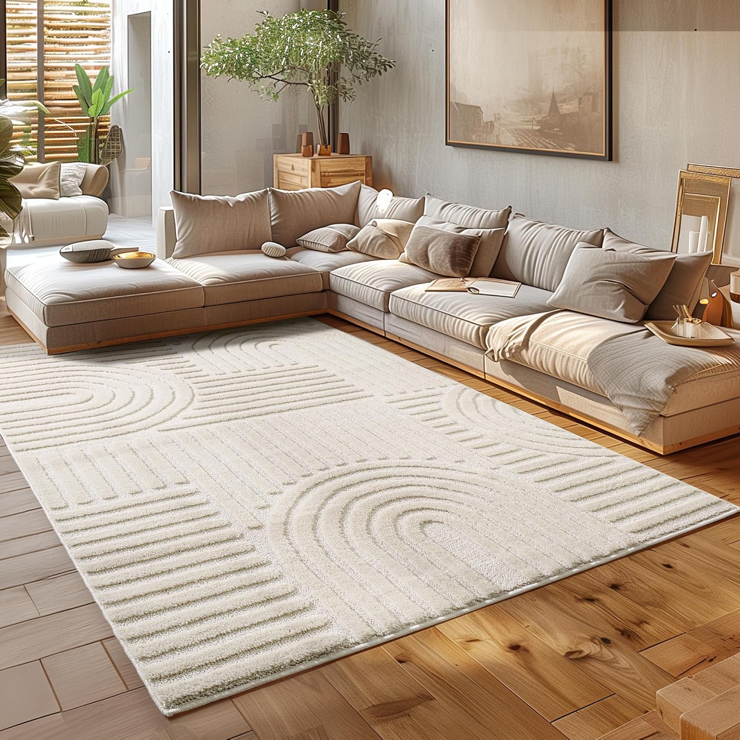 HomebyHome Kurzflor Teppich 240 x 340 cm Creme - Hoch-Tief 3D Effekt Waschbar, Flauschig und Extra Weich - Skandinavisch Boho Muster für Wohnzimmer, Schlafzimmer, Esszimmer und Küche