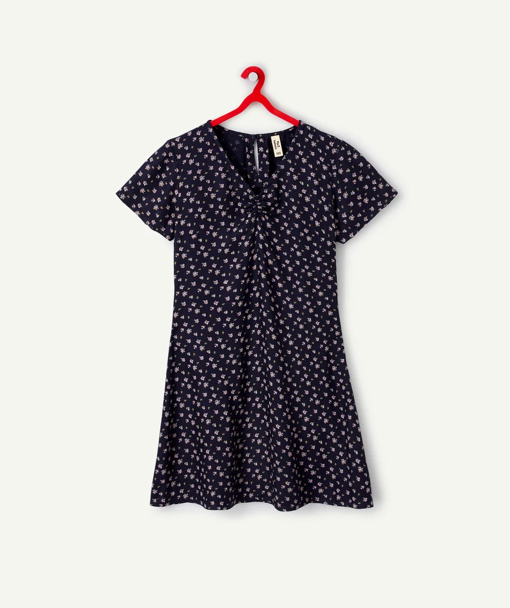 ROBE FILLE BLEU MARINE EN VISCOSE RESPONSABLE AVEC IMPRIMÉ FLEURI