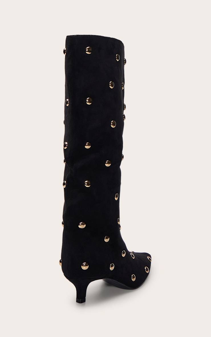 Noir Bottes À Talon Chaton En Daim Doré À Clous Bombés