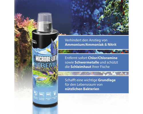 MICROBE-LIFT Xtreme waterconditioner voorkomt een toename van ammonium/ammoniak en nitriet, verwijdert zware metalen en chloor en beschermt de slijmvliezen. 5 l voor zoet en zout water.