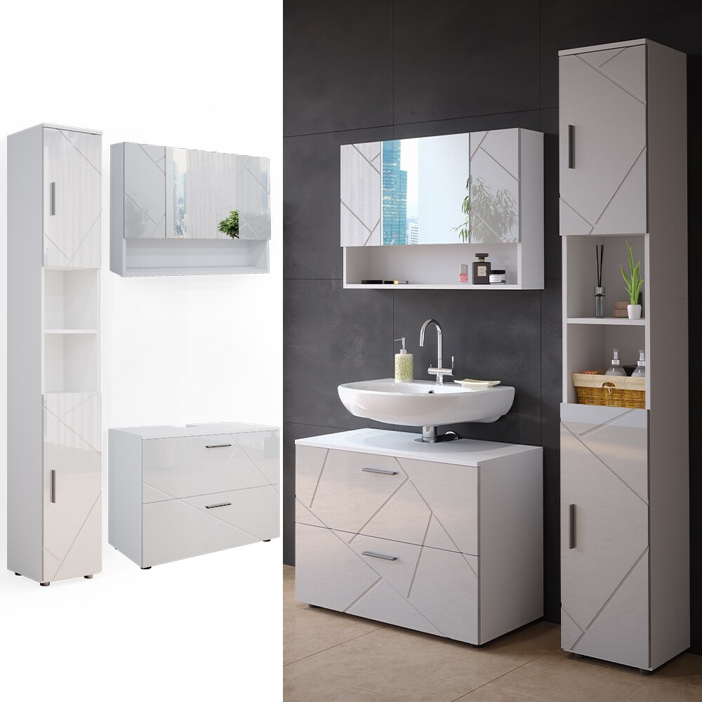 Vicco Badmöbelset Irma Weiß Hochglanz modern 80 cm 30 cm Badezimmerschrank Badschrank Badezimmermöbel Waschtischunterschrank Spiegelschrank Hochschrank Schranktür Schrankfach Schrankschublade