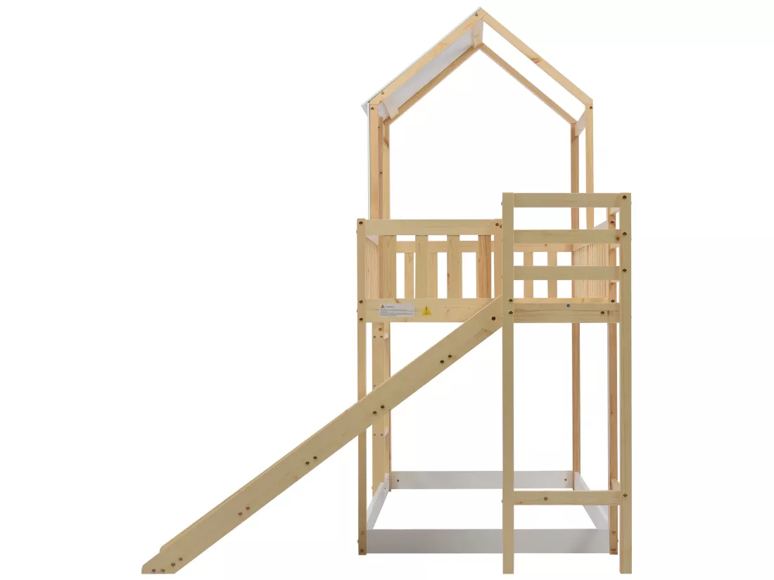 Lit superposé pour enfant 90 x 200 cm avec toboggan + sommier, coloris: naturel et blanc