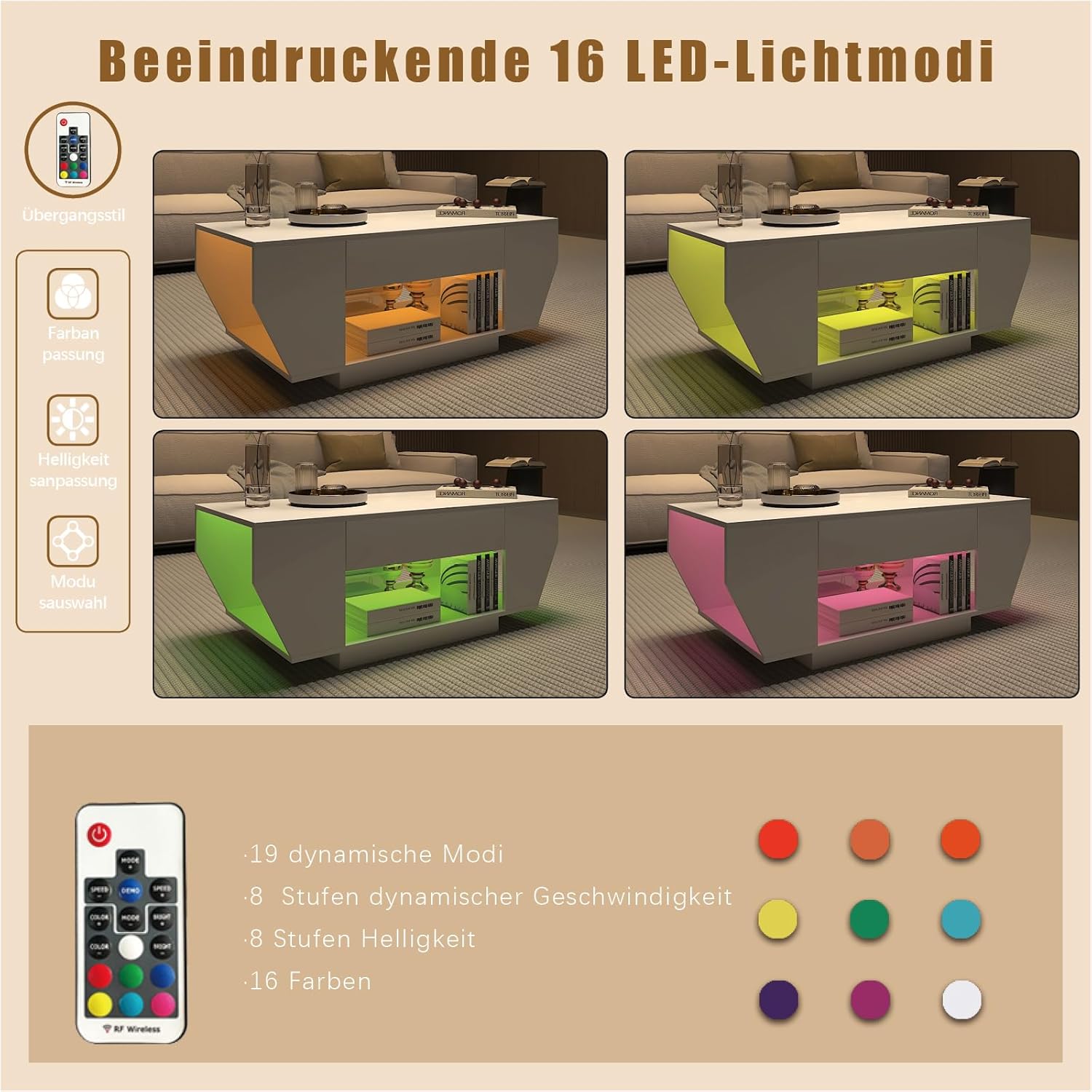 Couchtisch LED, Wohnzimmertisch mit 2 Schubladen für Wohnzimmer Hochglanz 106 x 50 x 41cm (Weiß)