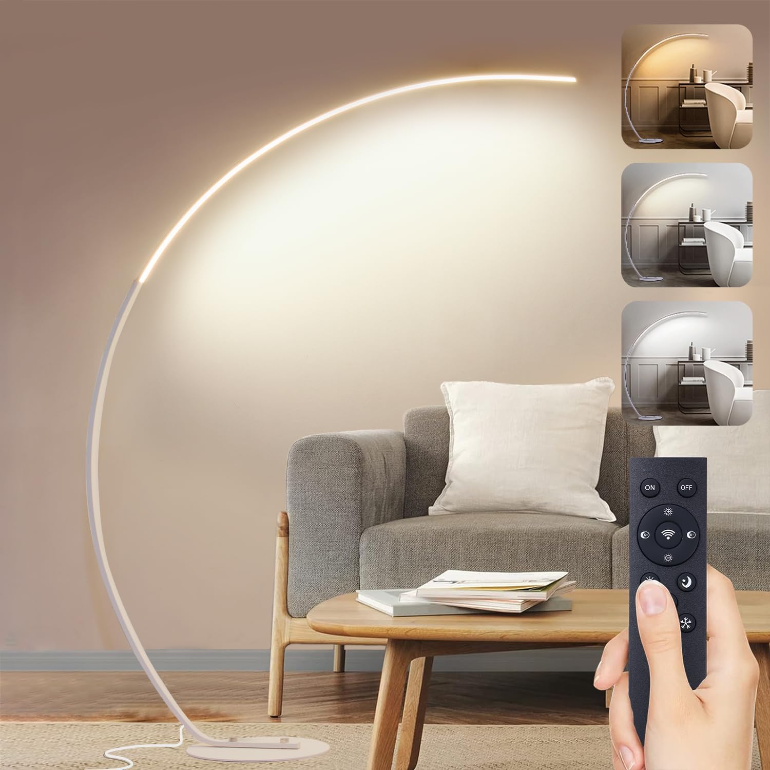 LED Stehlampe Wohnzimmer Bogenlampe, 25W Dimmbar Stehleuchte mit Fernbedienung, Weiß Modern Bogenleuchte 3 Farbtemperaturen & Memory-Funktion, Ecke Leselampe für Sofa Büro Schlafzimmer, 170CM