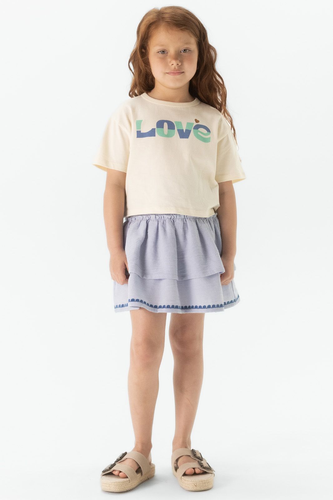 Blauw ruffle rok met geborduurde details