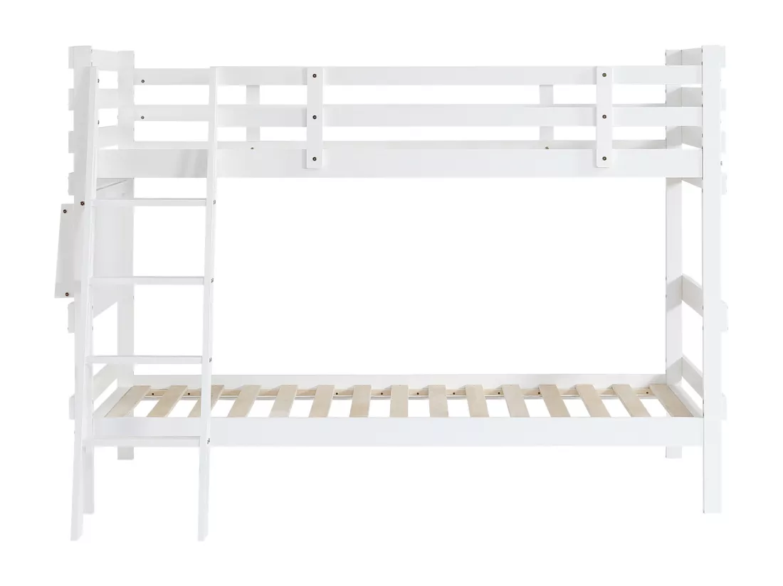 Lit superposé pour enfants 90x200cm, avec escalier, design barrière de sécurité, bureau, pin + MDF, blanc