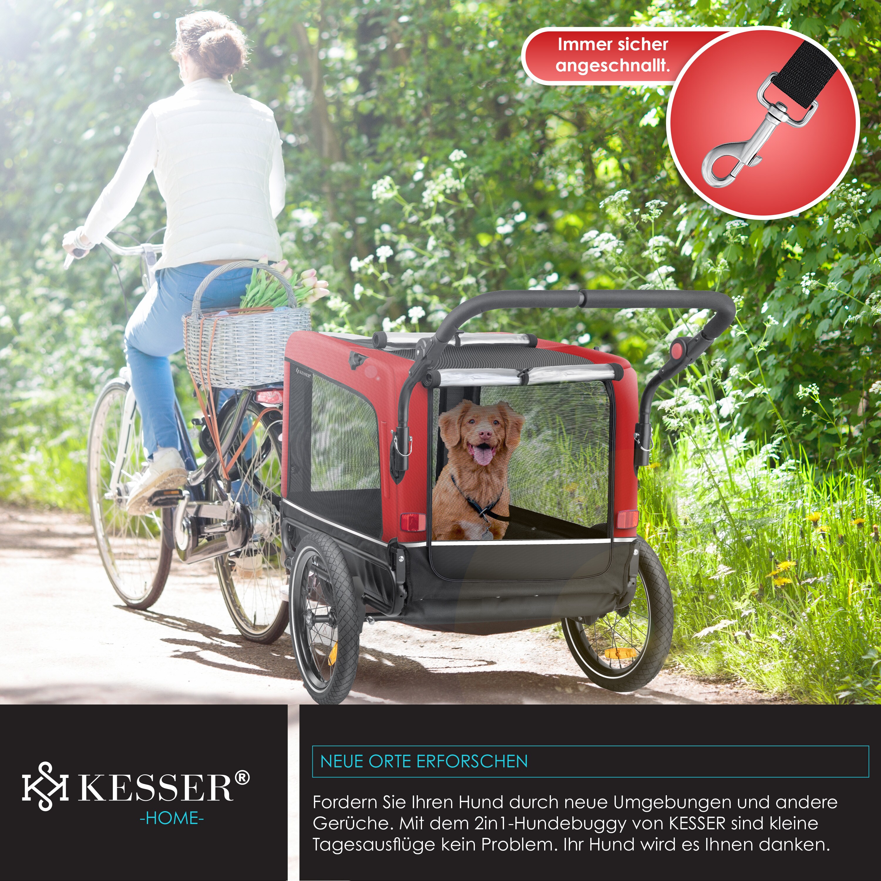KESSER® Hundeanhänger Boxer 3-in-1 Hundebuggy & Jogger Fahrradanhänger groß ca. 240 Liter Volumen, gefedert, Material: 600D Oxford Canvas, SmartSpace Concept, maximale Belastbarkeit: 40 kg