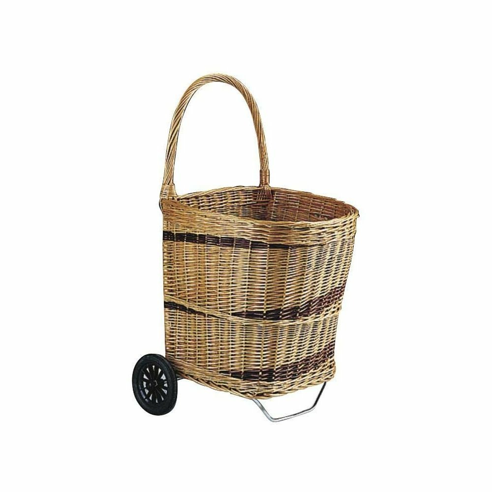 Chariot à bois en osier buff sur roulettes
