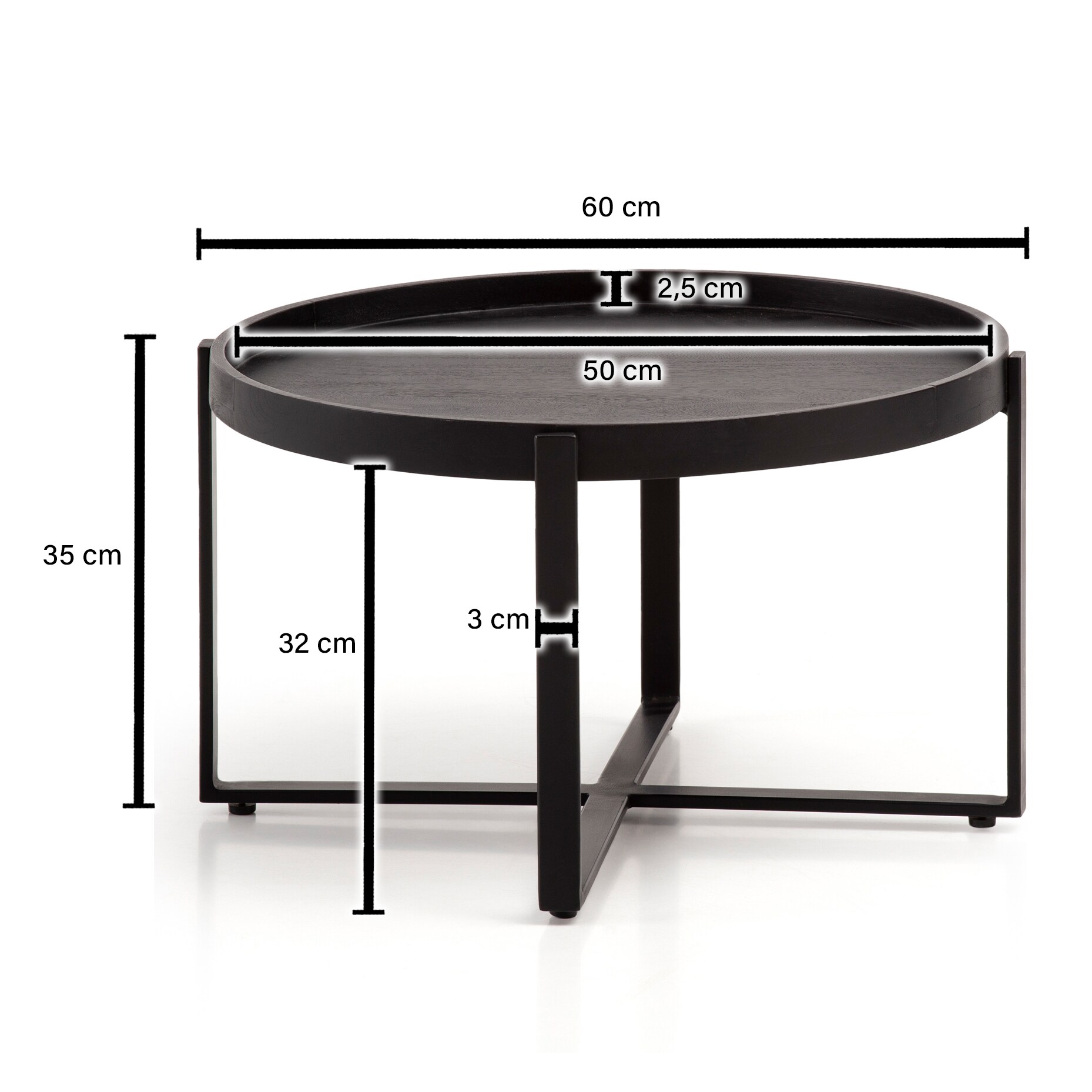 Couchtisch FineBuy Sofatisch Massivholz Schwarz 60x60x35 cm Wohnzimmertisch Rund