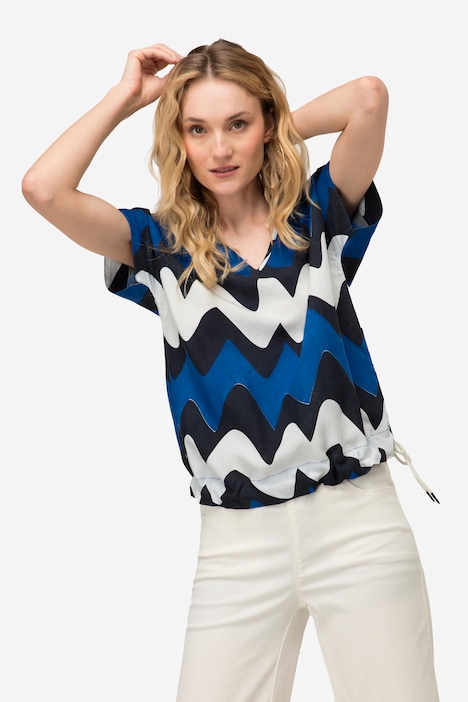 Bluse, oversized, Zackenmuster, V-Ausschnitt, Halbarm