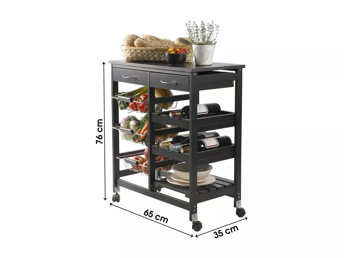 Desserte de rangement noire sur roulettes – 2 tiroirs et 3 étagères, dimensions 65x35x76 cm