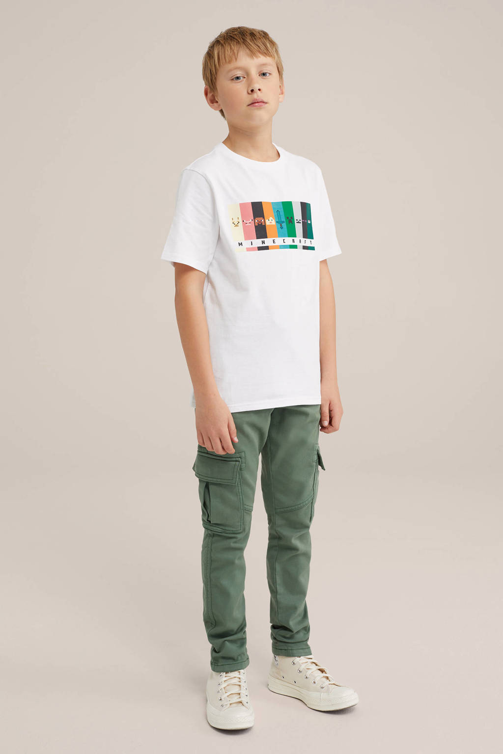 WE Fashion geruite slim fit cargobroek olijf groen