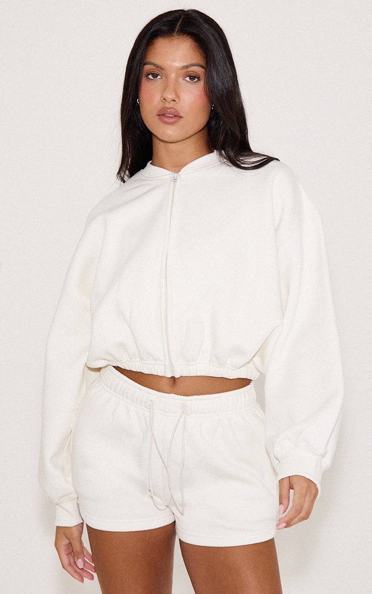 Blanc Cassé Sweat-shirt Court Zippé Avec Cordon De Serrage À La Taille
