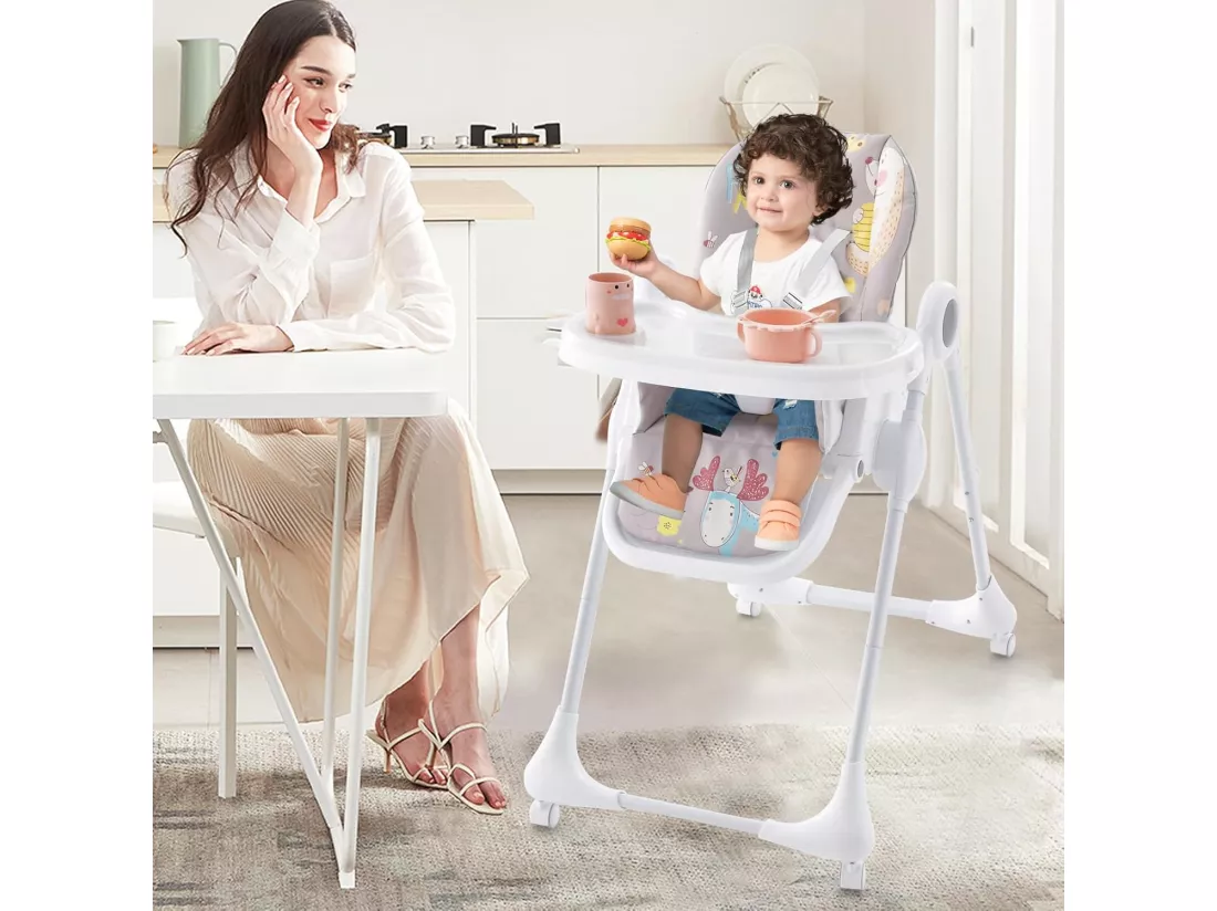Chaise Haute Bébé Pliable 3 en 1, Chaise Haute Bébé Évolutive avec Double Plateau Amovible et Réglable, 7 Hauteurs et 3 Angles d'Inclinaison, Roue Verrouillable, 6-36 Mois, Max 23KG (Gris)