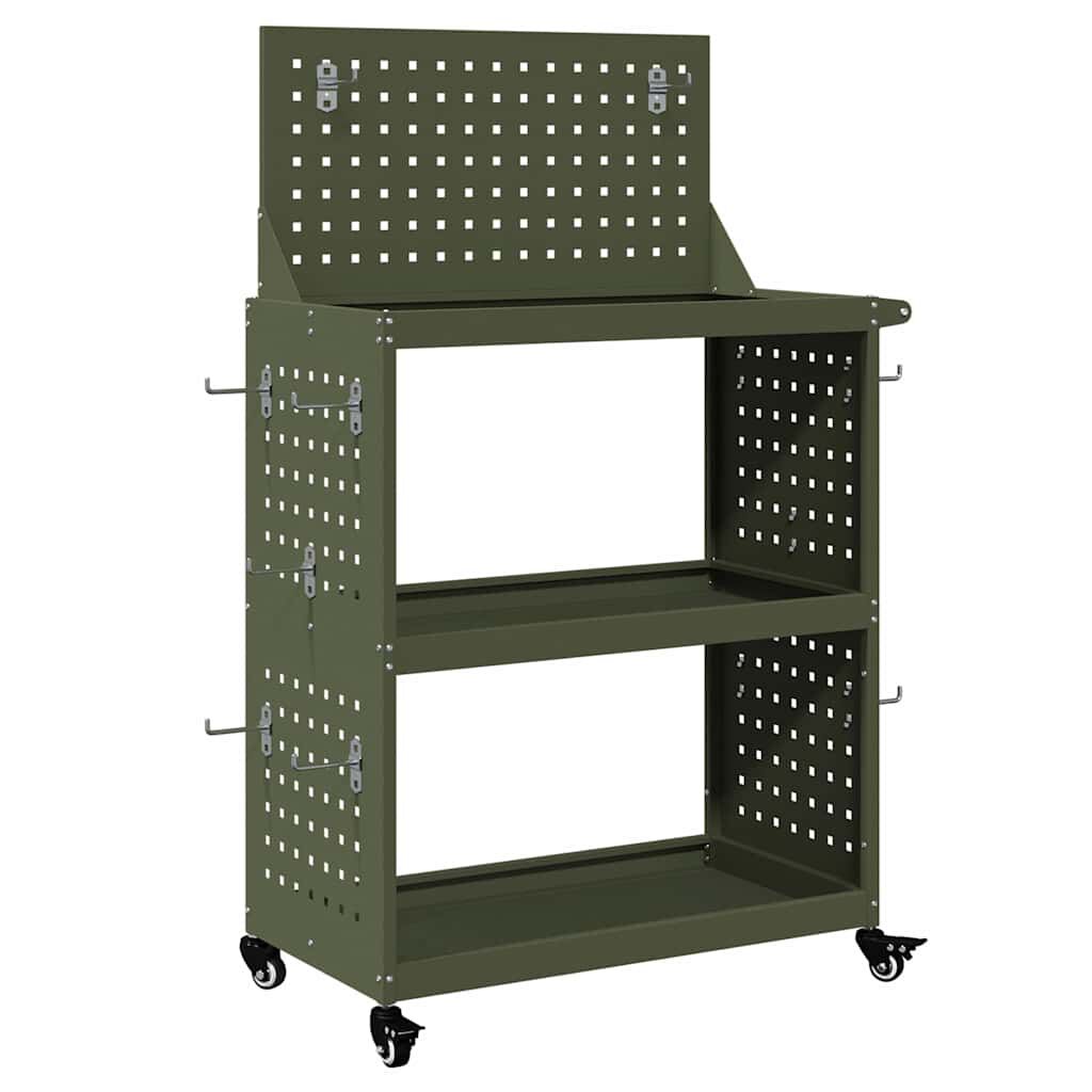 vidaXL Gereedschapswagen met plank en wiel olijfgroen 65 x 35 x 111 cm
