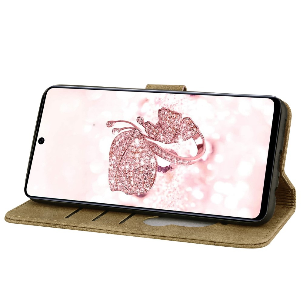 Samsung Galaxy S22 5G Leder Tasche Flip Cover Katze & Blumen Imprint - Braun