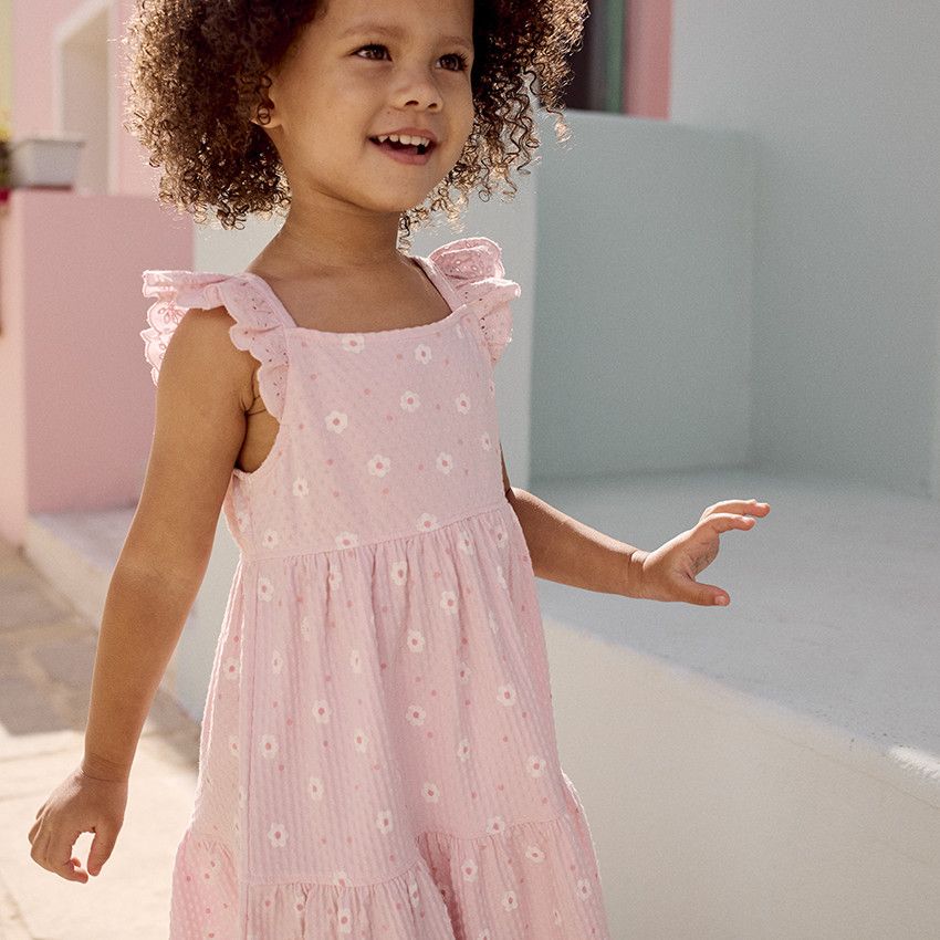 Robe manches courtes imprimée en maille cloquée pour bébé fille - Rose