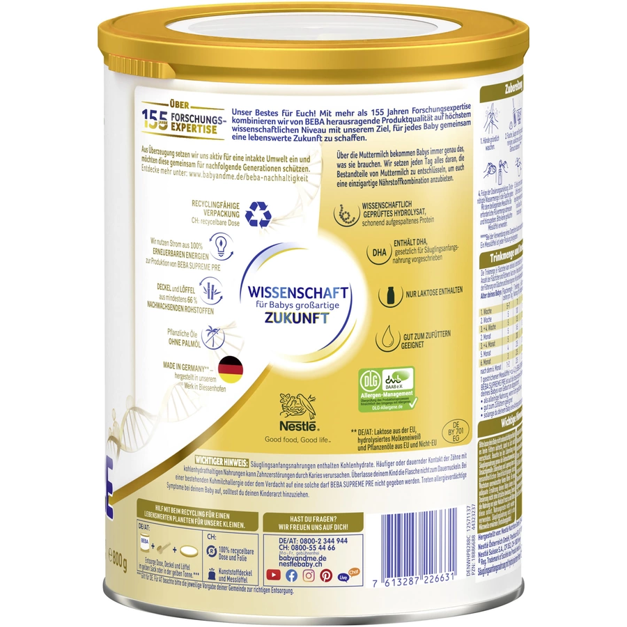Nestlé BEBA SUPREME PRE Anfangsmilch 6x 800g ab der Geburt
