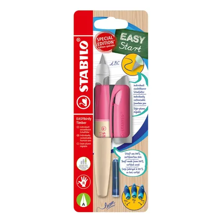 Schulfüller ergonomisch für Rechtshänder mit Anfänger-Feder A - STABILO EASYbirdy Timber in pink - inkl. Patrone