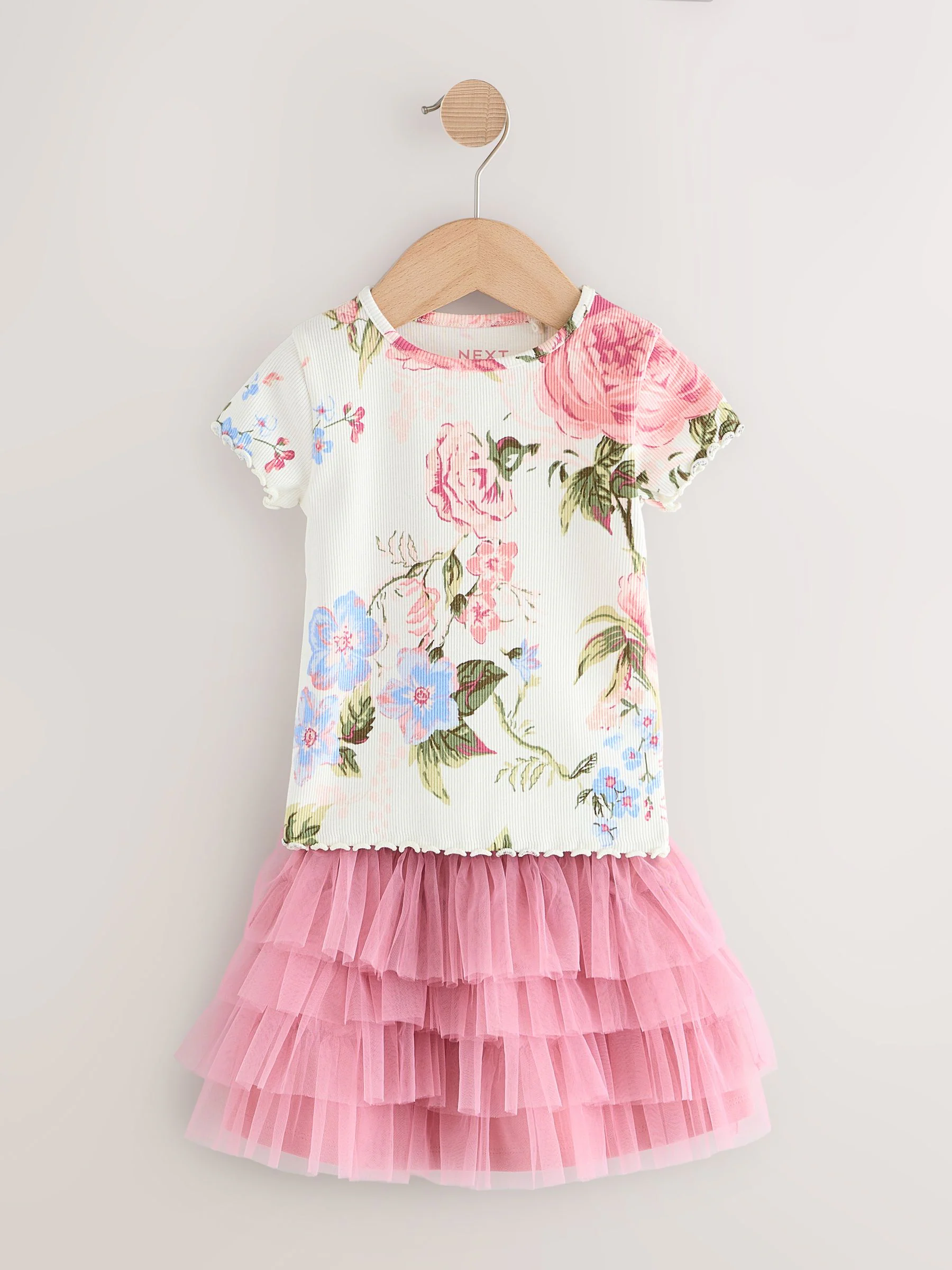Roze bloemen - Geribbeld T-shirt en tutu-rok (3 mnd - 7 jr)