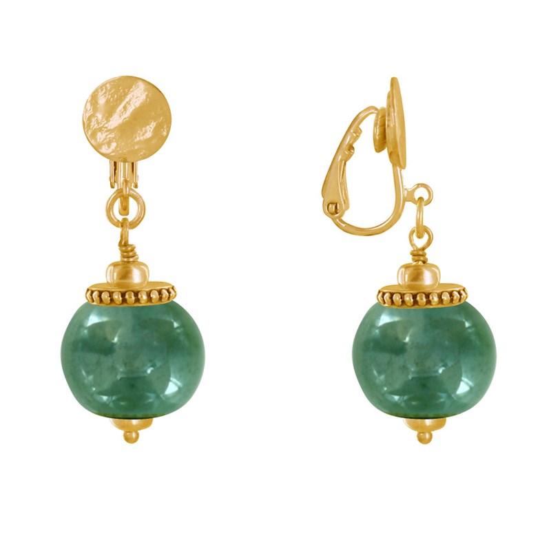 Boucles d'Oreilles Clip Métal Doré et Grosses Perles en Céramique