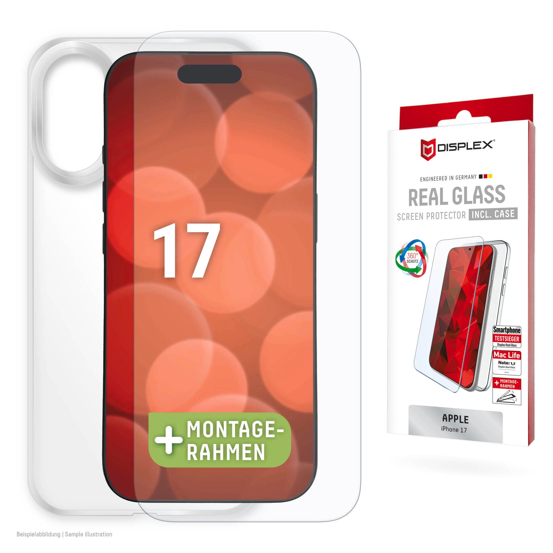 Displex Displayschutzglas »Real Glass Screen Protector inkl. Case« für Apple iPhone 17 Displayschutzfolie, Schutzfolie, Bildschirmschutz, kratz- & stossfest