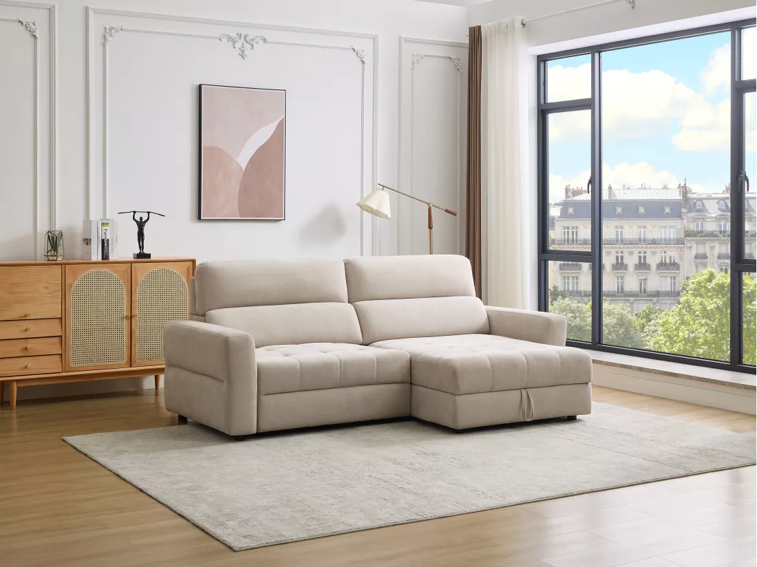 Canapé d'angle droit relax électrique avec assise coulissante en tissu beige OLMERIO