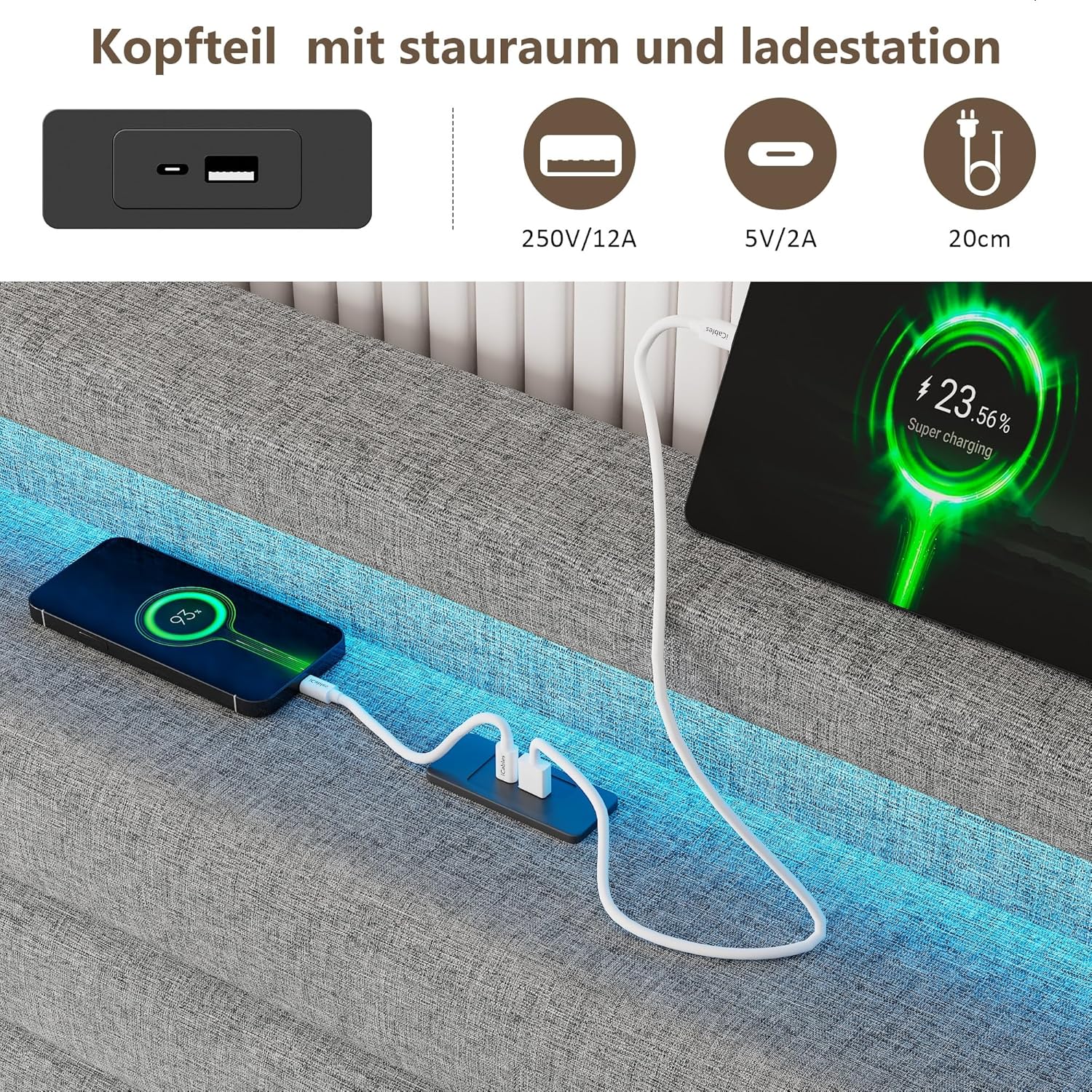 FEONASE Bett 140x200 mit Stauraum, Polsterbett 140x200 cm mit LED-Beleuchtung & Ladestation, Bettgestell mit Hydraulischem und Leinen Kopfteil Stauraum, Lattenrost, Ohne Matratze, Hellgrau