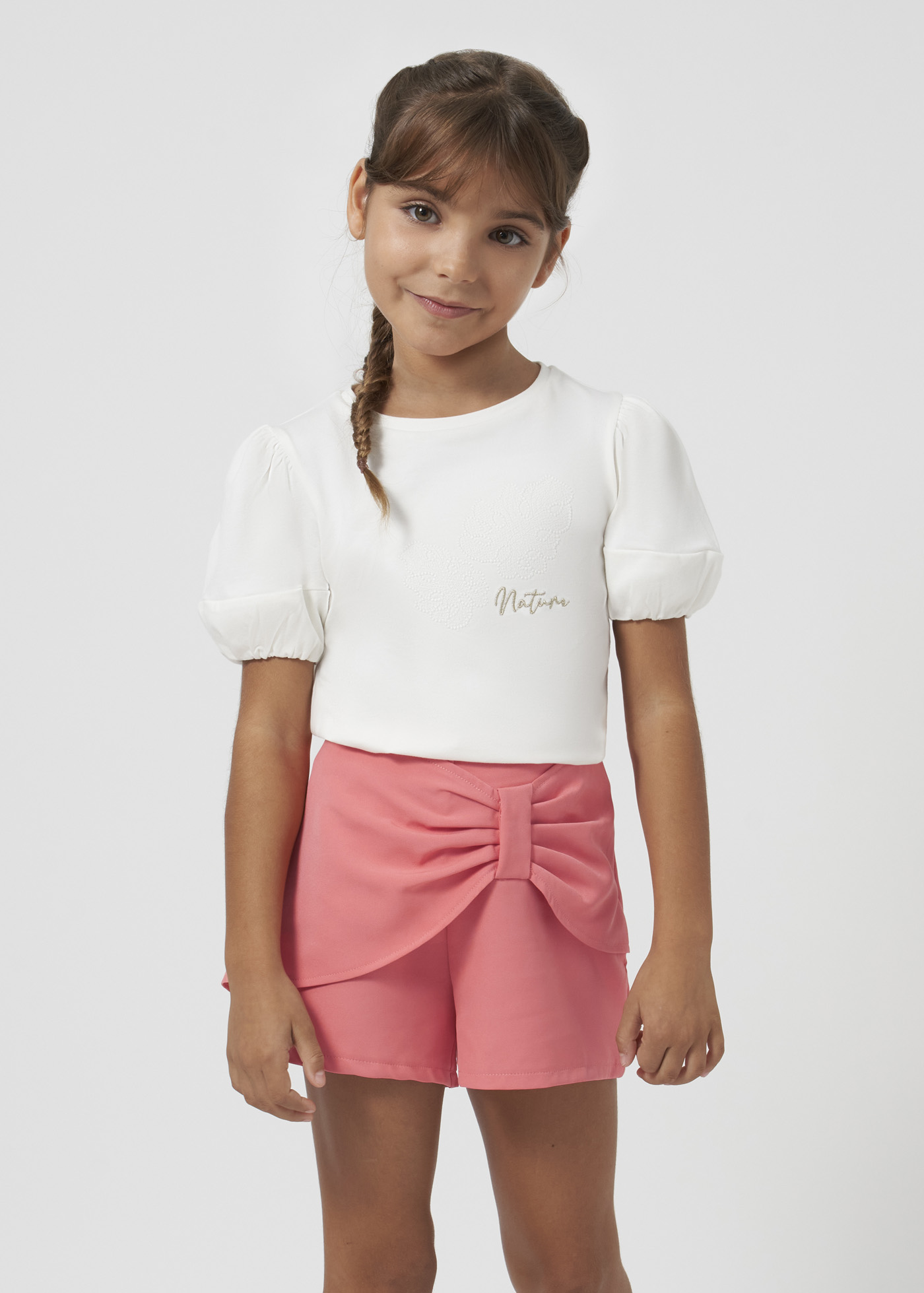 Saia-calça com laço, cor creme para menina