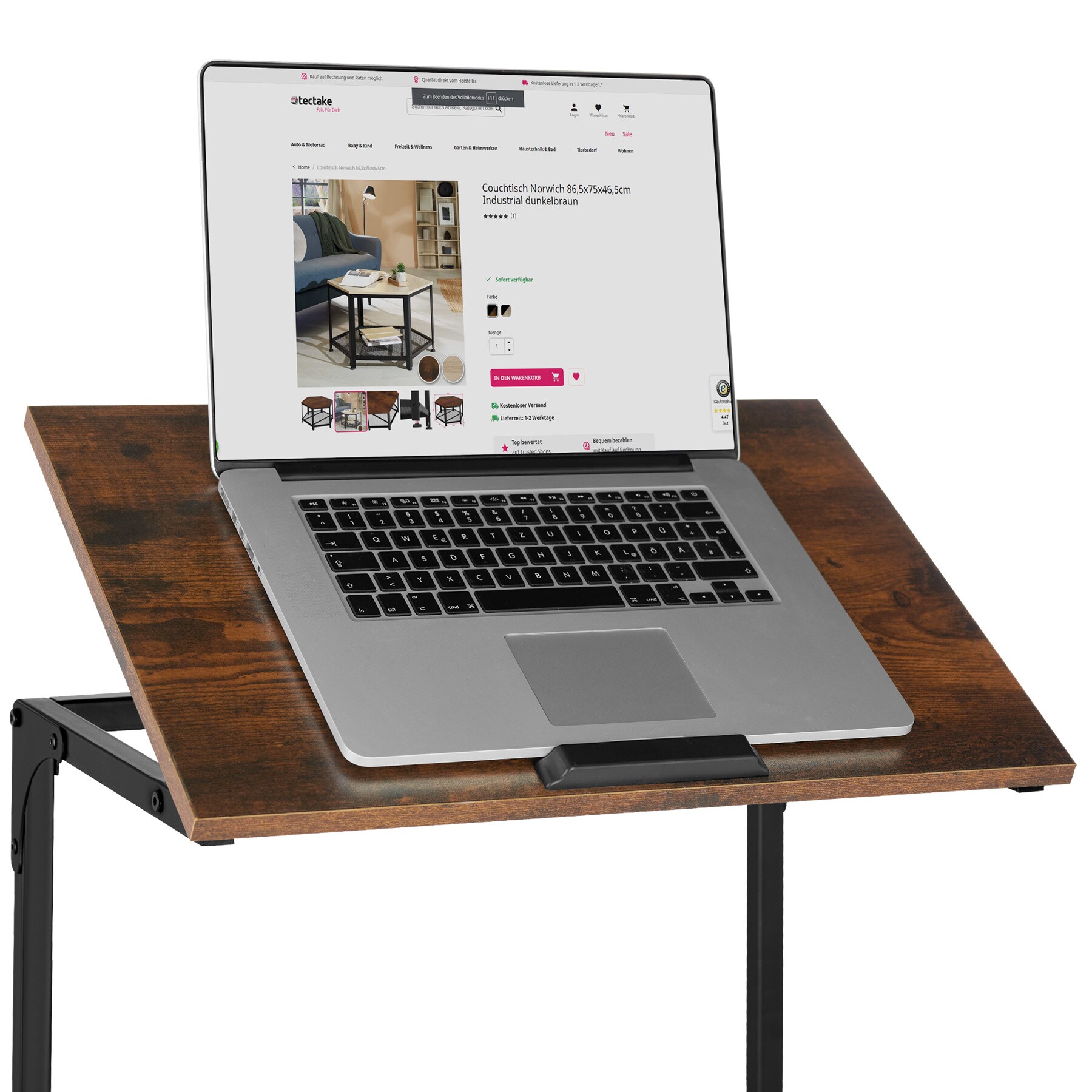 tectake® Beistelltisch, Industrial Style, in praktischer C-Form mit neigbarer Platte, 55 x 35 x 66,5 cm