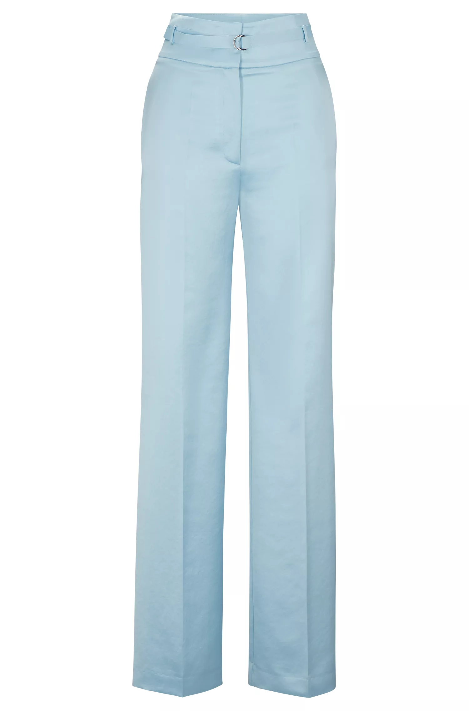 Calça flare HUGO vermelha, corte regular, em cetim, com cinto da marca.