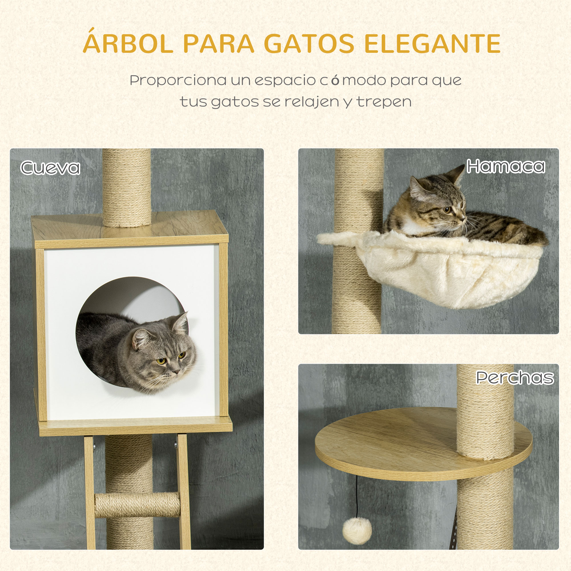 Árvore para Gatos PawHut, do chão ao teto, 225-285 cm, Árvore pequena para gatos com altura ajustável, plataformas, rede, casinha, poste de juta, rampa e bolas para brincar, 40x40x225-285 cm, bege