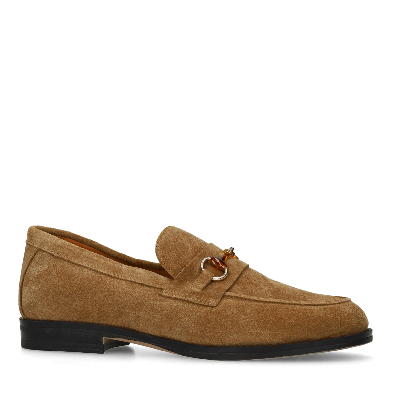 Bruine suède loafers met goudkleurig detail
