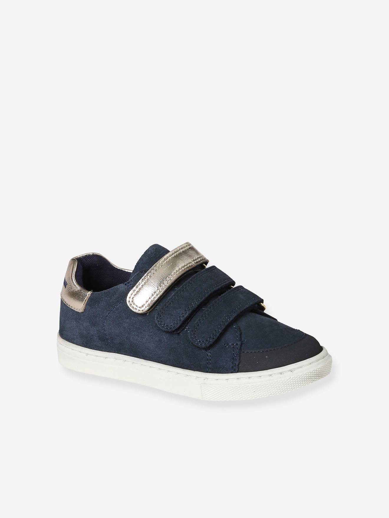 Tênis de couro azul marinho com fecho de velcro para meninas
