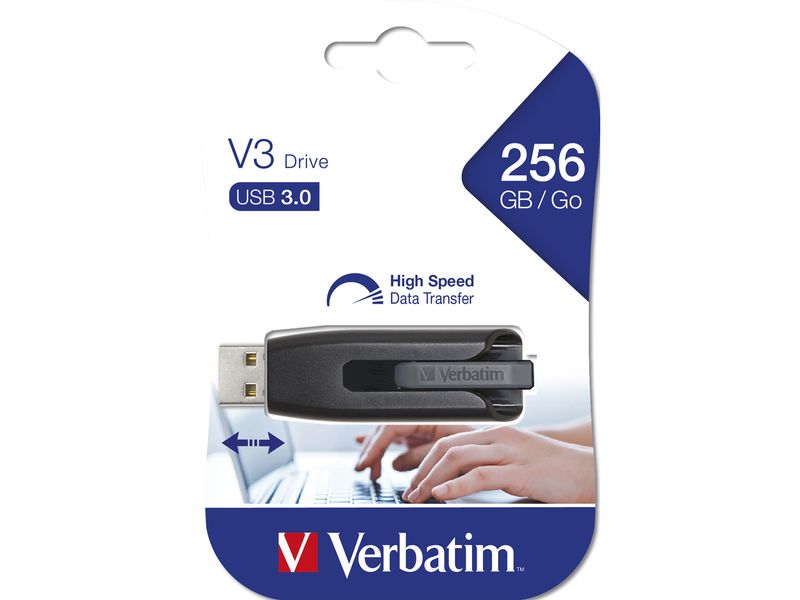 Verbatim USB-Stick Store 'n' Go V3 256 GB 256 GB USB 3.0 Stick mit Schieber-Design für schnelle Datenübertragung