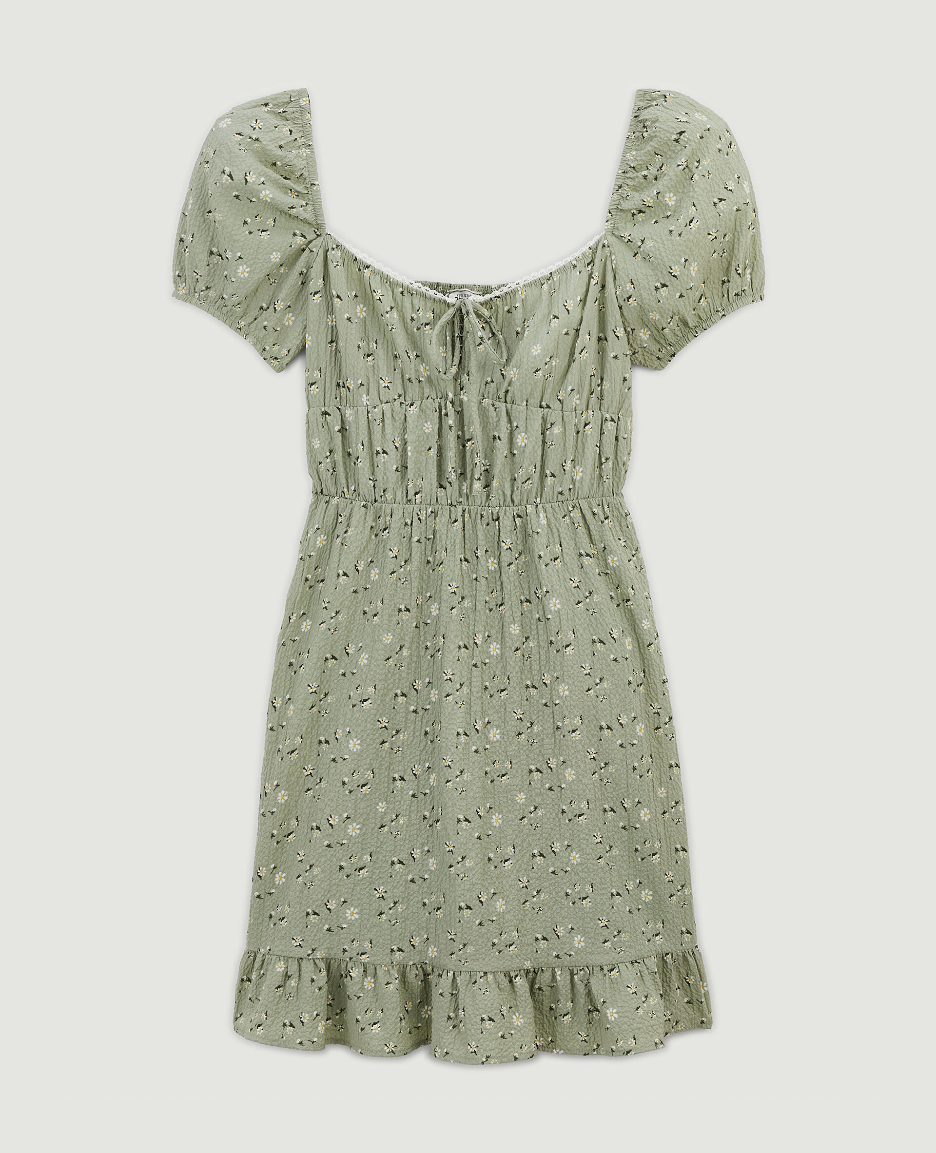 Robe courte forme empire motif fleurs - Vert kaki