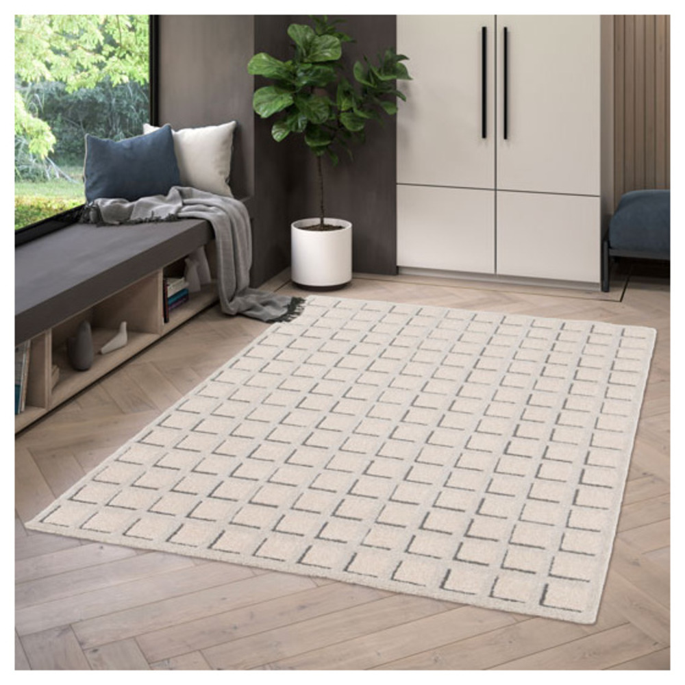 Tapis de salon graphique en relief - case - beige crème - 160 x 230 cm