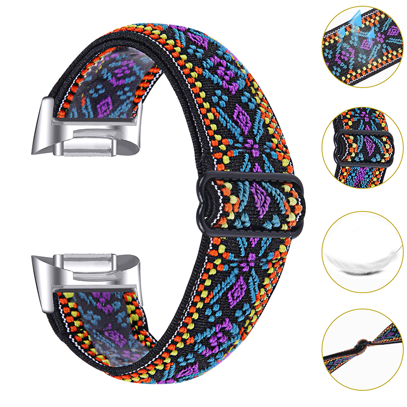 Fitbit Charge 6 / 5 Elastisches Nylon Gummi Armband (Gelenkumfang: 170-250mm) - Schwarz / Lila / Blau