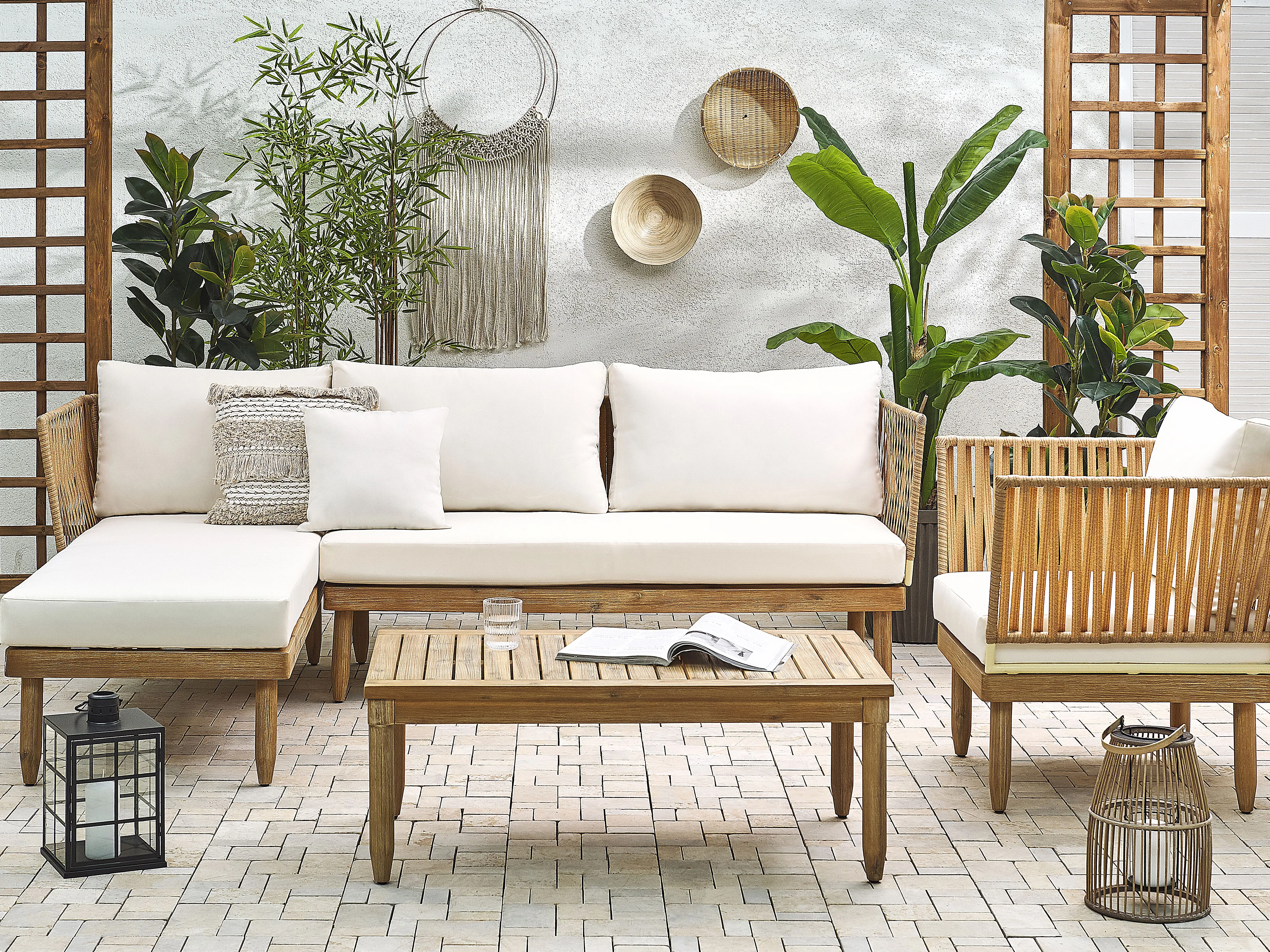 Loungeset met tafel 4-zits CREMONA rechtszijdig Acaciahout Gebroken wit