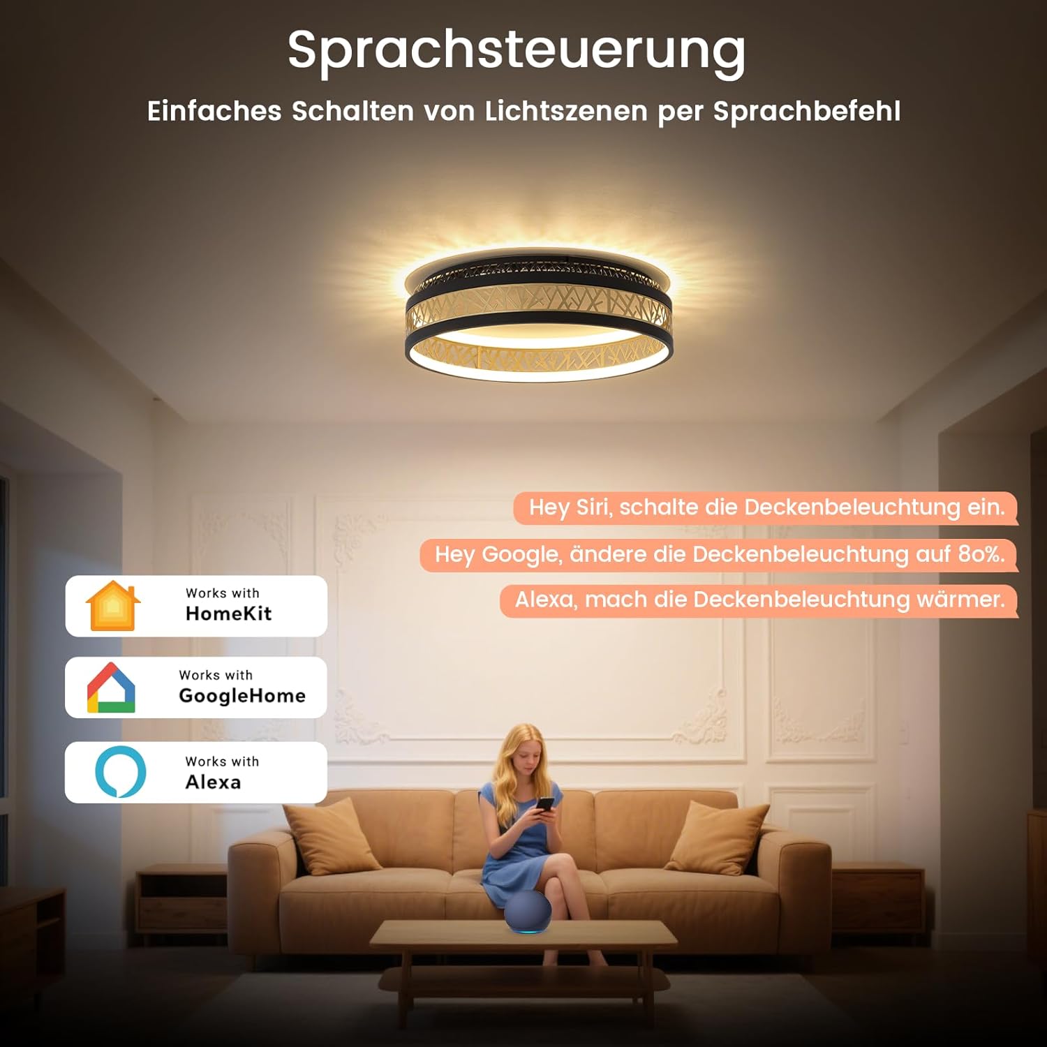 LED Deckenleuchte Mit Fernbedienung, Dimmbar Schlafzimmer Lampe with Matter Kompatibel Mit HomeKit, Alexa,  and IFTTT, Rund Schwarz Gold Aushöhlen Design Wohnzimmer Ø50×H12CM