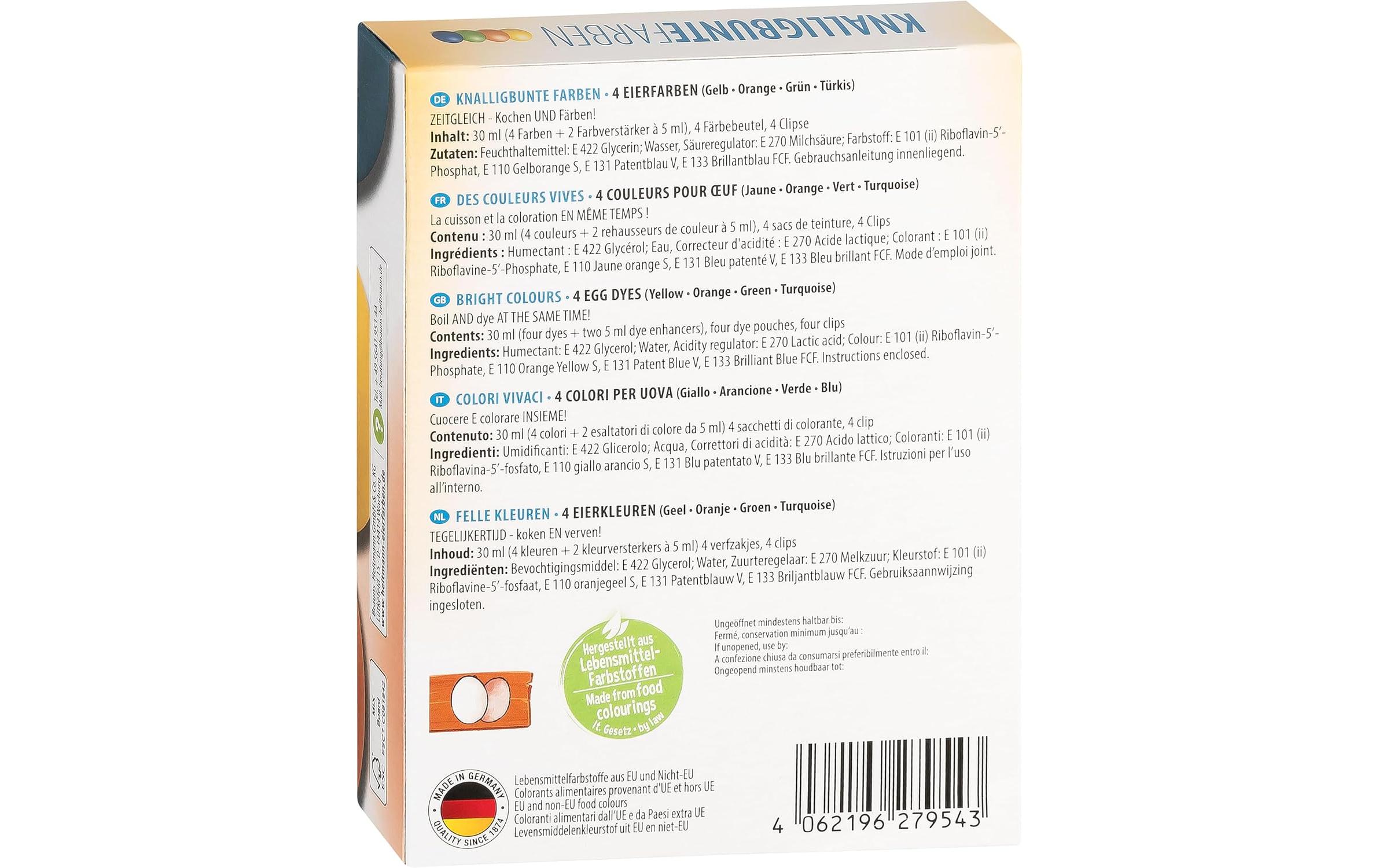 Eierfarben Brillant-Ei Gelb, Orange, Grün, TürkisSet zum Färben von Ostereiern